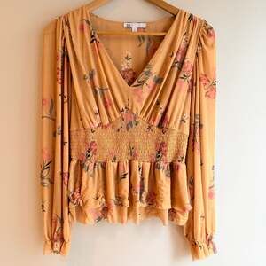 DR2 Yellow Floral Mesh Smocked Waist Peplum Blouse